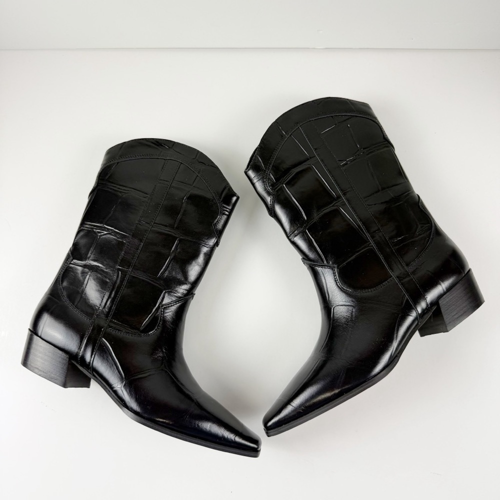 Vince Camuto Prilie Croc Boots Womens 7M Black Leather Heeled NEW - Picture 3 of 16
